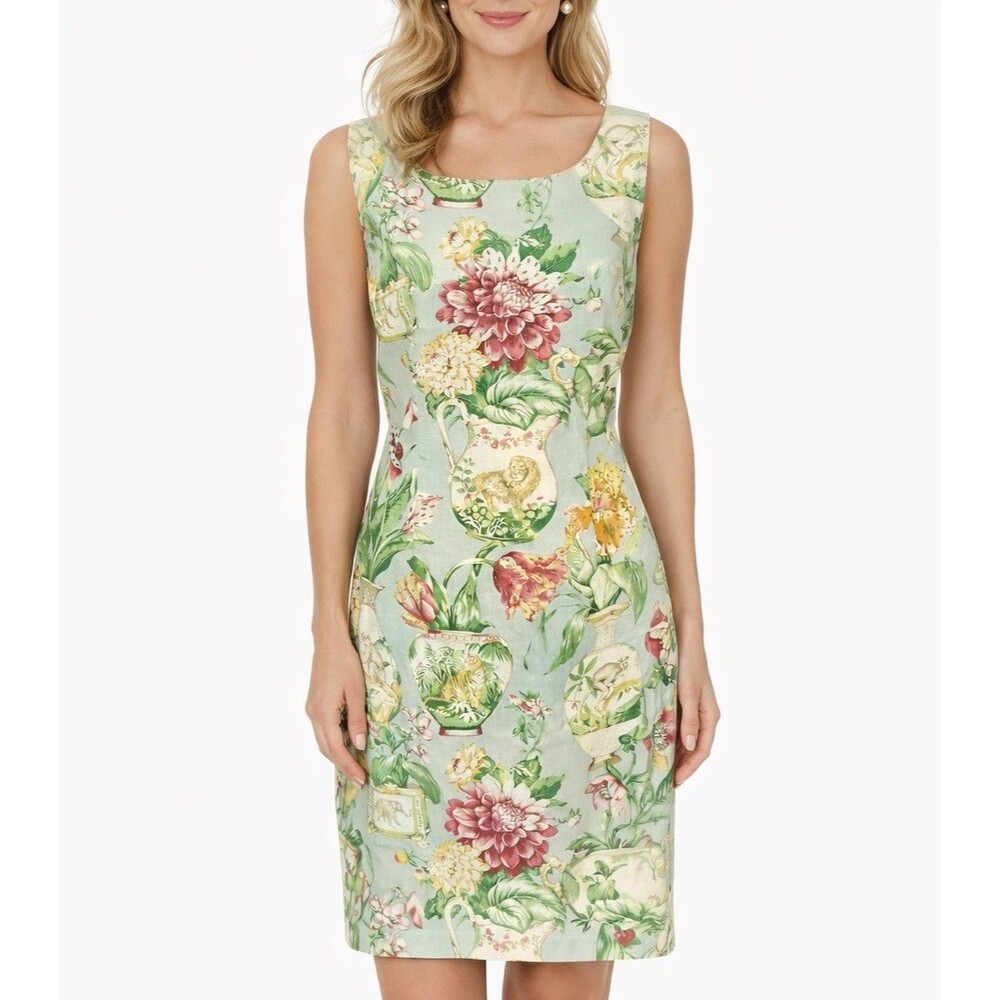 Virgo Chinoiserie Linen Sheath Dress Sz. 10P Beaded Grand Millennial 90’s Floral - Picture 2 of 16